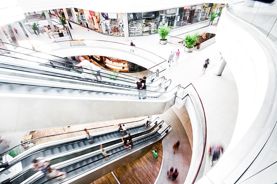Overview of a multi-story shopping mall