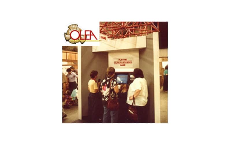 Olea's first kiosk. Built in 1983 it featured a 20” Television with a touchscreen overlay and was powered by a High Speed LaserDisc player. Olea built this for the State fair in CA.