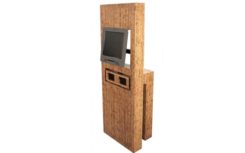 This was an experimental Environmentally-friendly Kiosk that Olea developed and exhibited at a tradeshow with IBM. The enclosure was made of Sorghum board which used a waste product from the Sorghum plant to make a pressed board material. Circa 2008.