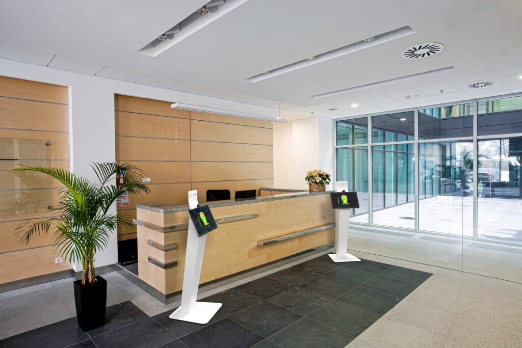 Temperature Screening Kiosks in the lobby of an office building 