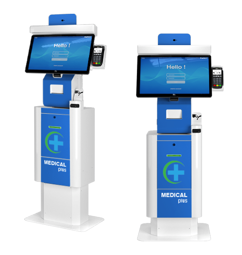 Austin Healthcare Kiosk - 2 views of the adjustable height