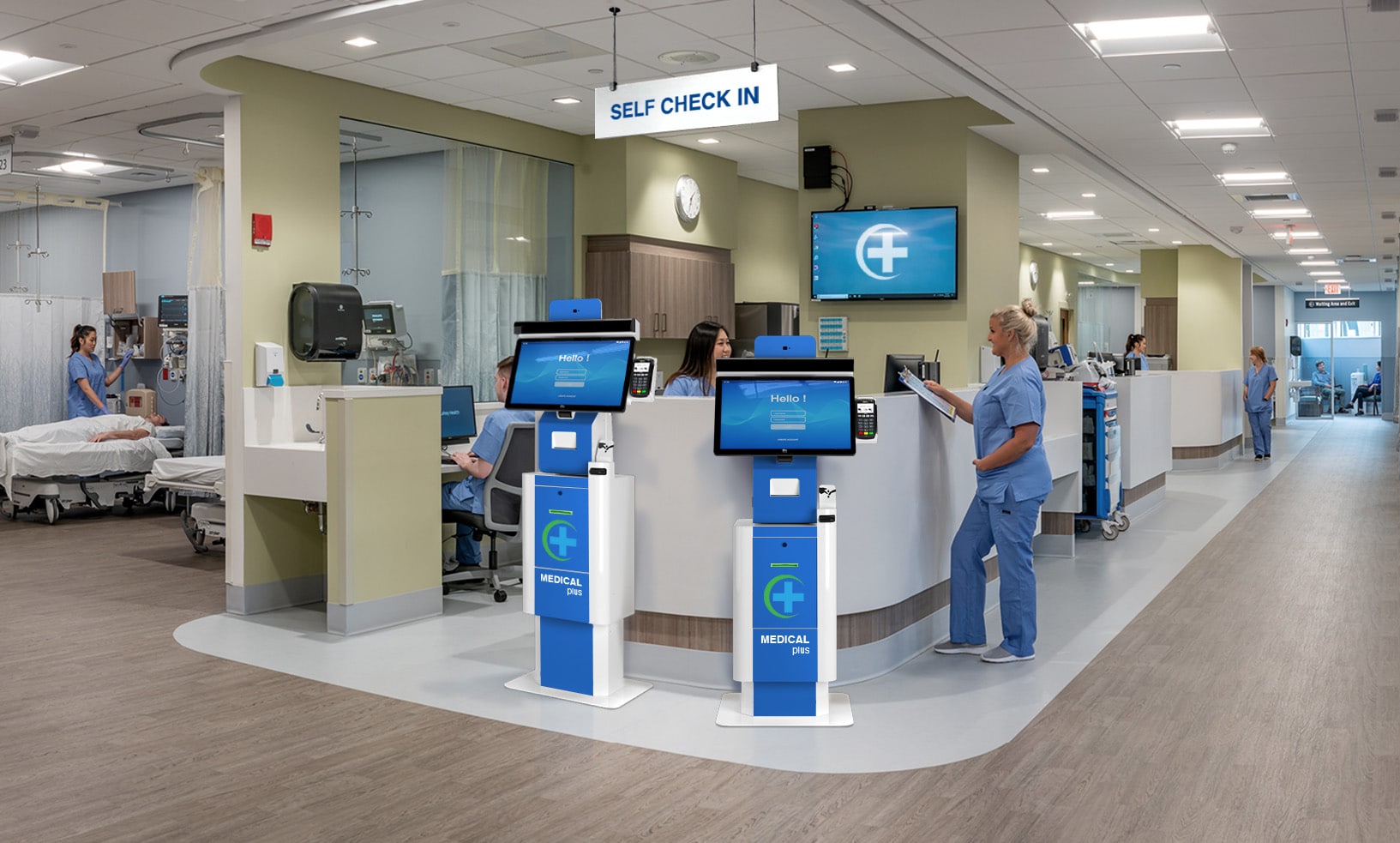 Two Blue Self Check In Kiosks