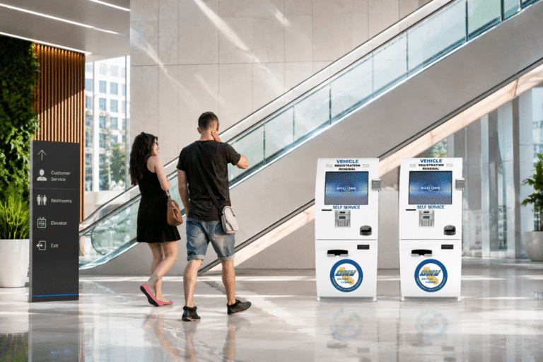 Customers walking toward self-service financial services kiosks in a public building