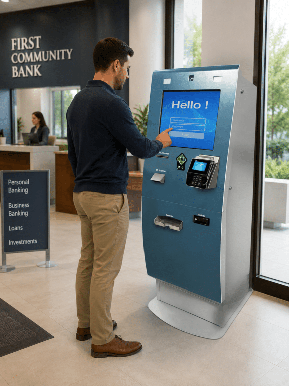 Man using a self-service financial services kiosk in a bank to complete secure banking transactions